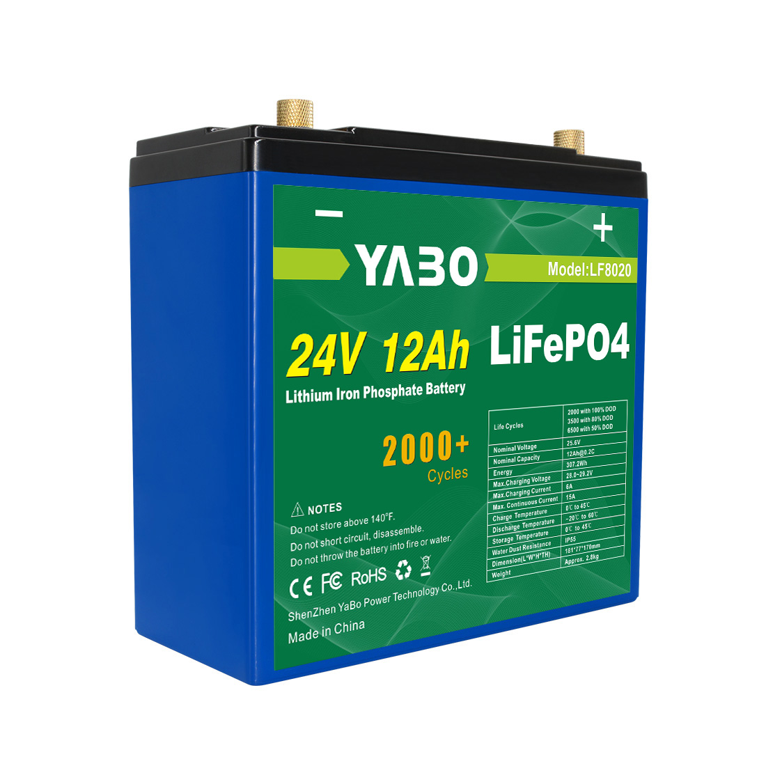 YABO 24V 12Ah LiFePO4 Lithium Iron Phosphate Battery – Lightweight, Durable, Long-Life